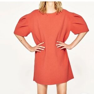 NWT WOMEN'S ZARA ORANGE PUFF BALLOON SLEEVE DRESS SIZE SMALL